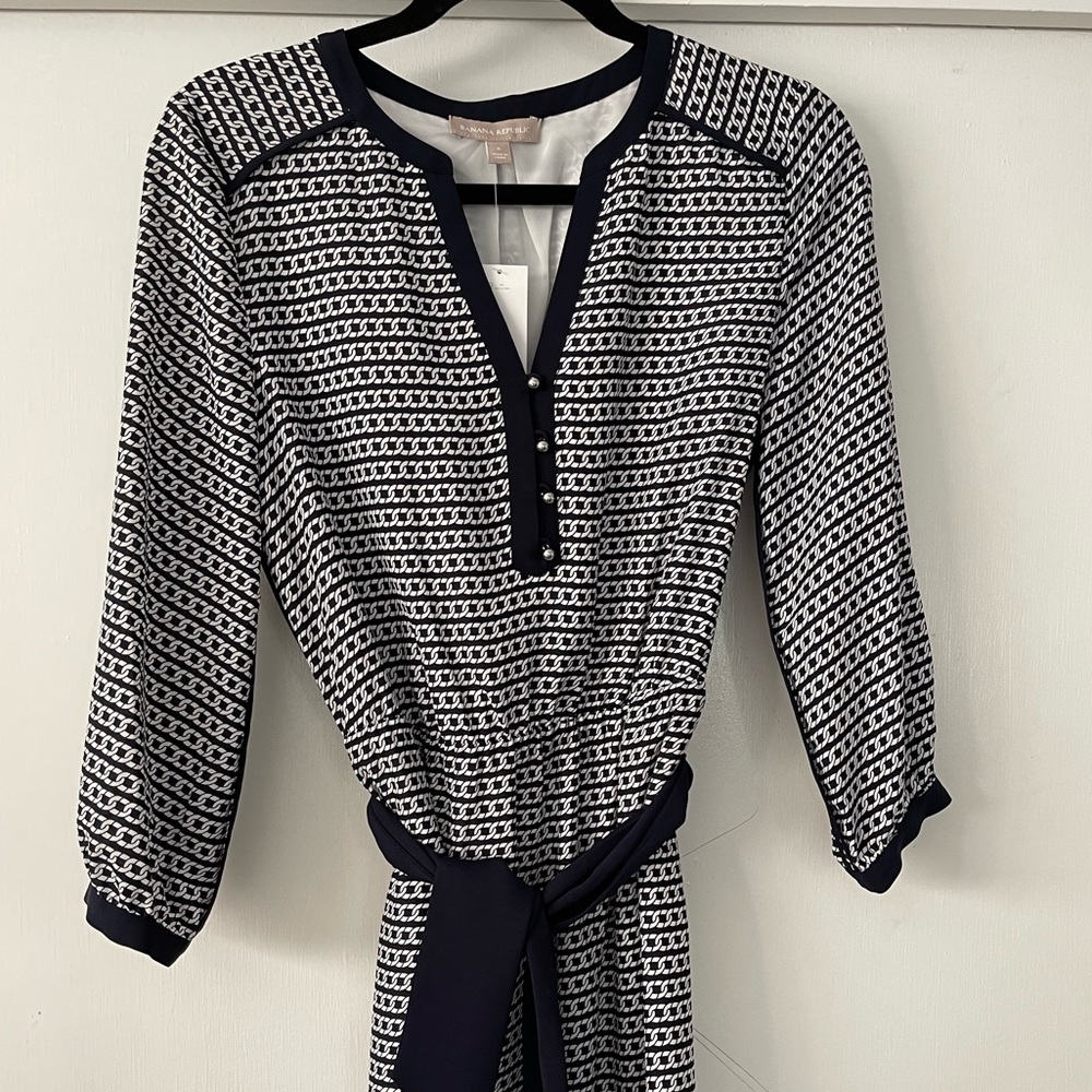 Banana Republic Dress Navy/White Chain Link Riviera 3/4 sleeve